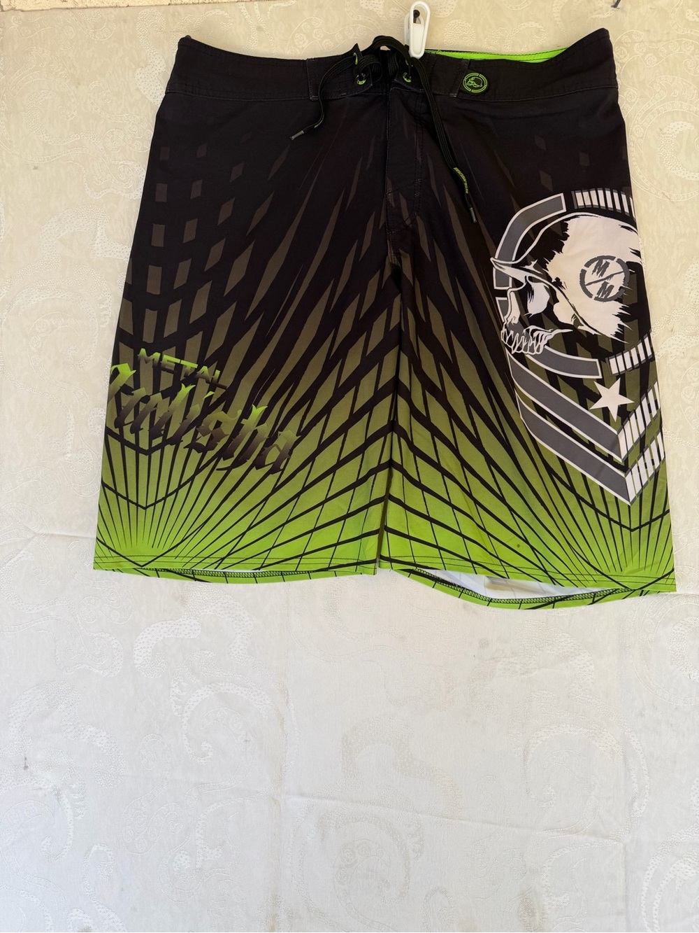 Metal Mulisha Black and Neon Green Gradient Skull Board Shorts
